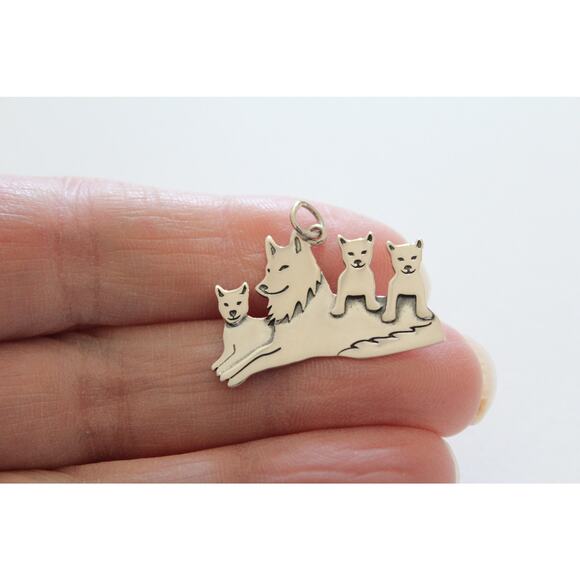 Sterling Silver Mama Wolf Pendant with Three Pups Charm